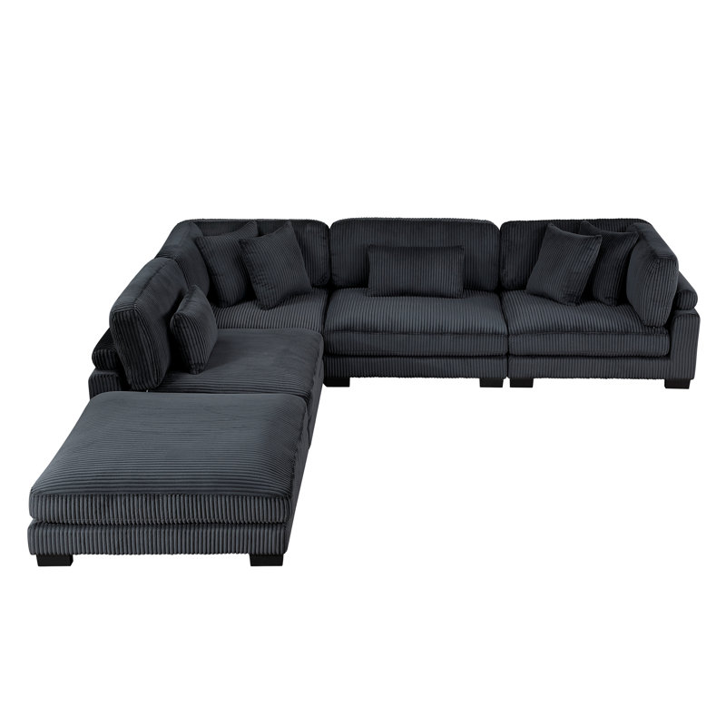 Canapé modulaire avec repose-pieds 5 pièces Olsen, Velours côtelé noir