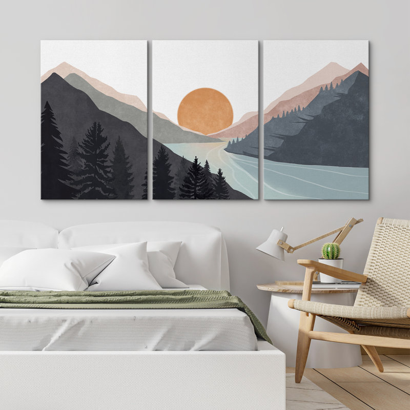 Sun Mountain Landscape Range Abstract Lake Nature Wall Art Decor Framed Canvas 3 Pieces Print Set, 24" H x 48" W x 1.5" D