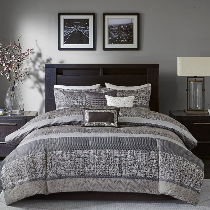 Literie pour très grand lit - Tissu respirant gris / taupe 7 pièces, Grey/Taupe