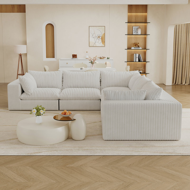 Nuage blanc à 5 places avec dimensions de produit de 118,2 po, tissu en velours côtelé, conception à deux couches, coussin amovible, sans assemblage, confort rembourré de plumes, support en éponge pure, compression à haute densité pour