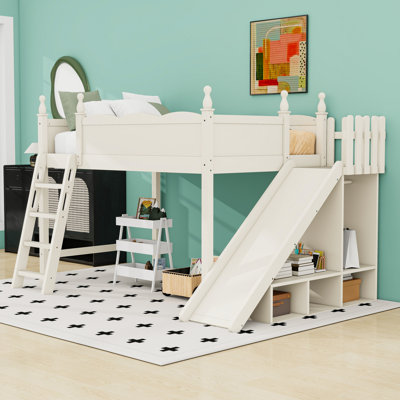 Multi-Functional Wooden Loft Bed with Storage Shelves, Wardrobe and Slide