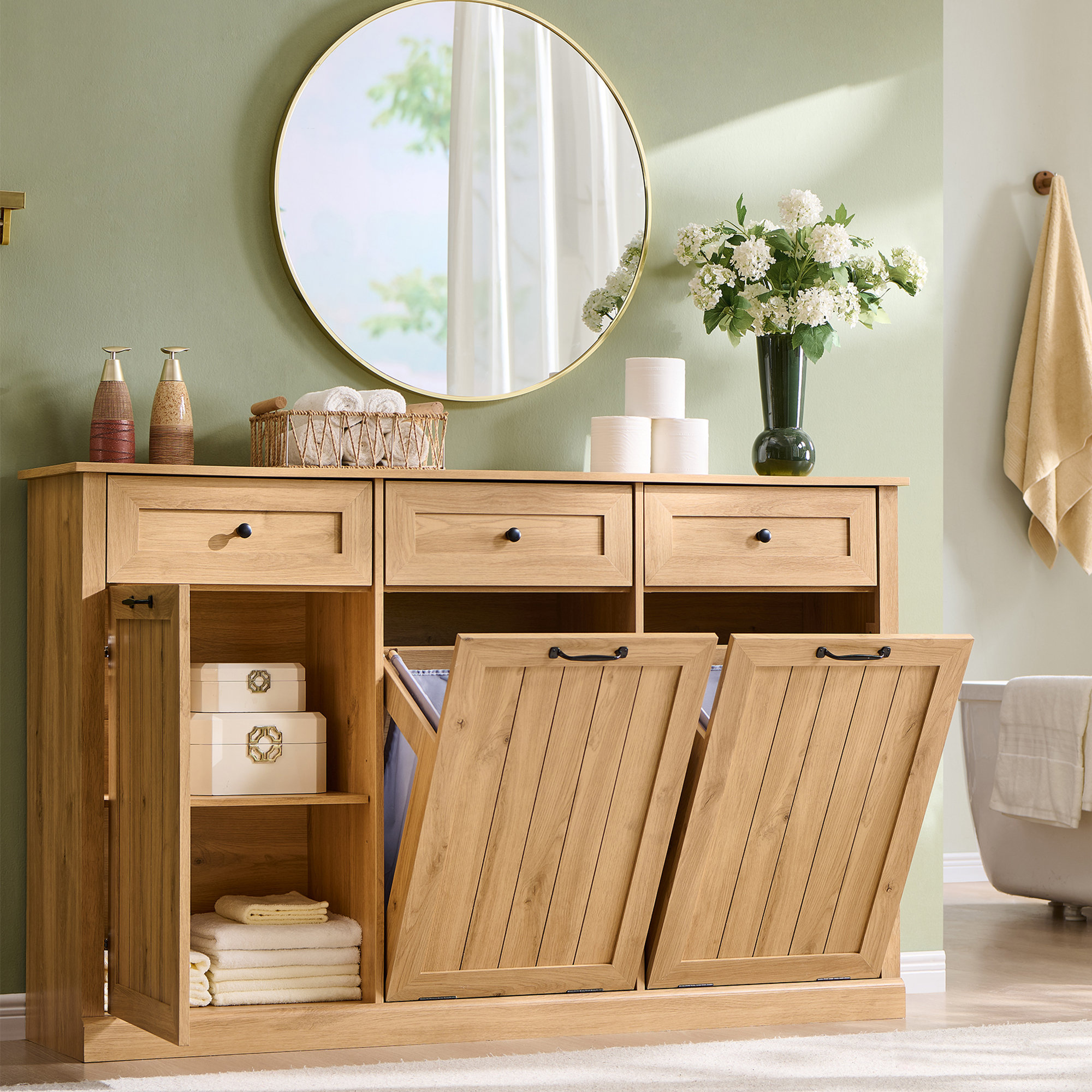 Dongguan Shengye Development Co., LTD. Tilt-out Dual Laundry Hamper Cabinet with Farmhouse Laundry Storage Basket for Bathroom. & Reviews | Wayfair