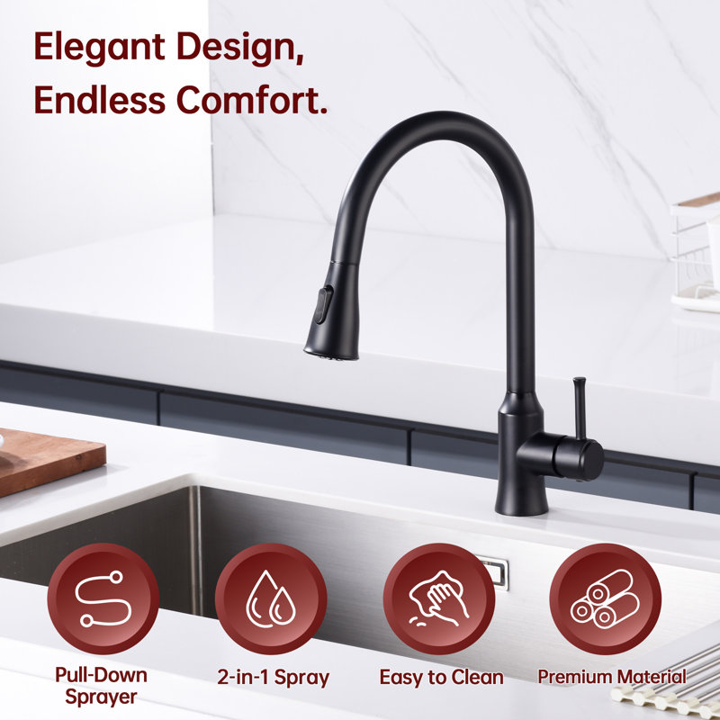 SUMERAIN Pull Down Kitchen Sink Faucet Single Handle Single Hole Lead Free, Matte Black