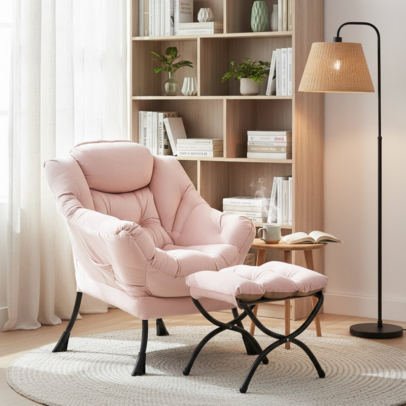 Fauteuil paresseux et rembourré Abramson, Velours rose, Non