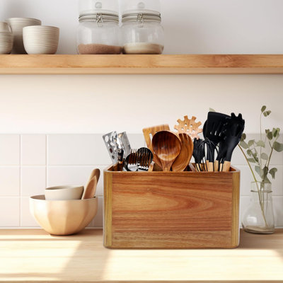 Extra Large Acacia Wood Utensil Holder (12"4.7"6.8") - 3 Compartments, Removable Partition, Wall-Mountable