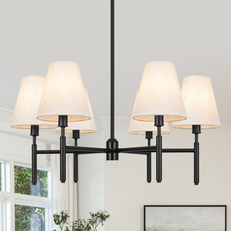6 - Light Dimmable Classic / Traditional Chandelier with Fabric Shades, Matte Black