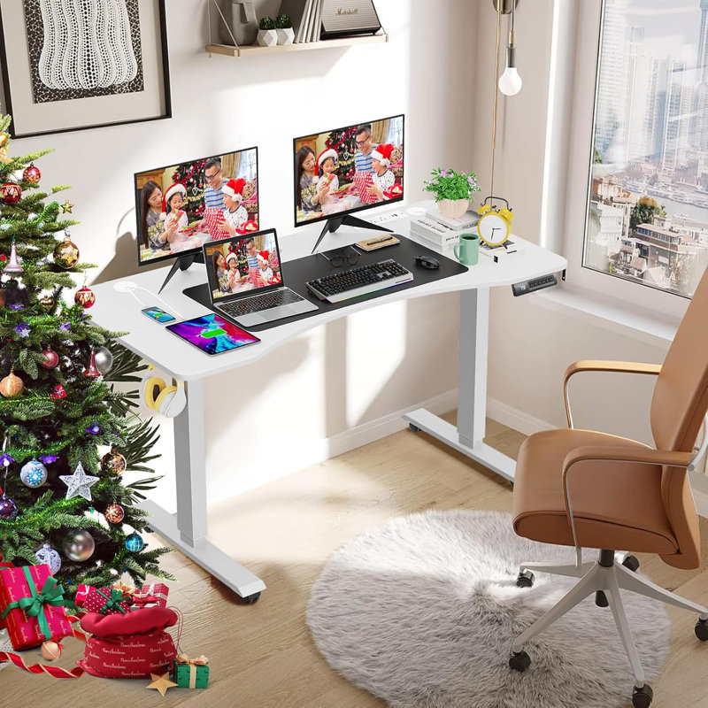 Masakazu Height Adjustable Standing Desk with Built-in Outlets,4 Lockable Casters, 2 Hooks, White, 46" H x 48" W x 24" D