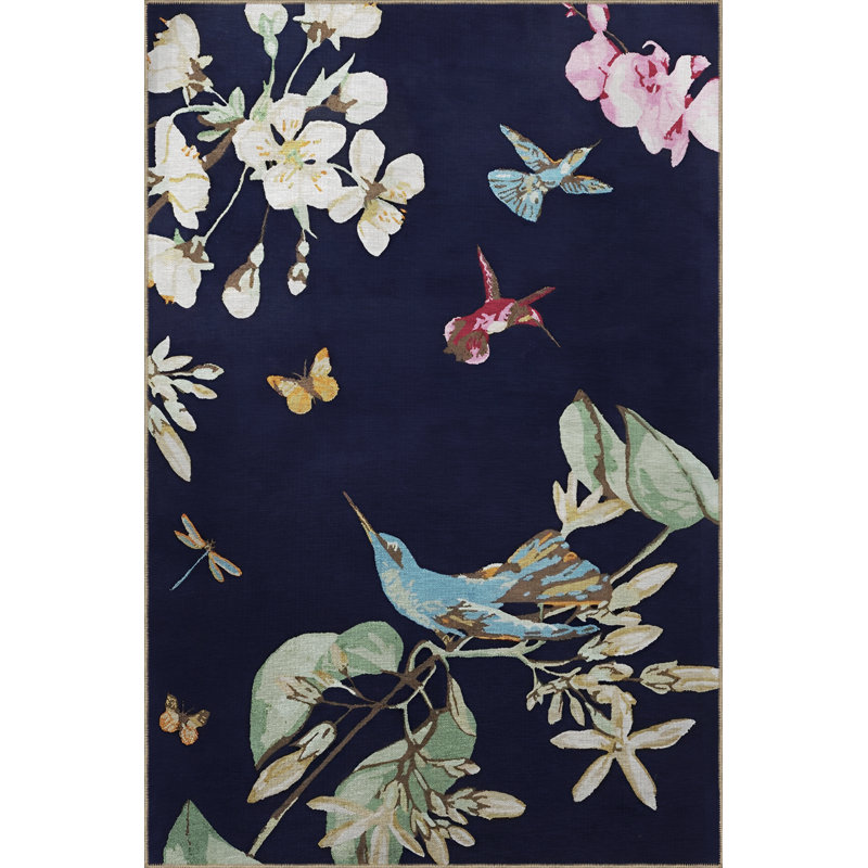 Tapis décoratif multicolore bleu marine à motif d'arbres et d'oiseaux, Rectangle 4 pi 11 po x 7 pi 7 po