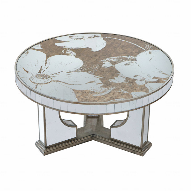 Table basse ronde 35,5 x 35,5 x 19 po avec motif floral élégant et miroir argenté