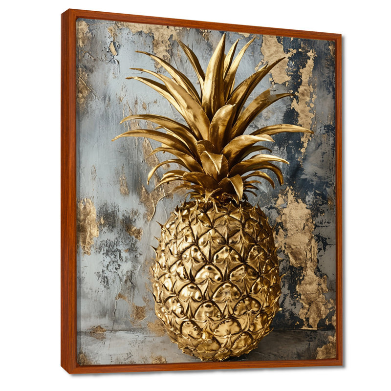 Golden Glam Pineapple - Ananas, art mural, Toile avec cadre flottant brun, H 40 po x l 30 po x P 1,5 po
