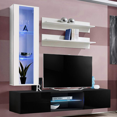 Livengood 63" Modern Floating Wall Mounted Entertainment Center with 16-Color LED Lighting, High Gloss Finish