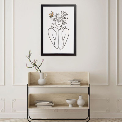 Floral Line Art Framed Wall Art, 12 X 18 Inch Canvas Prints With Black Frame For Bedroom Office
