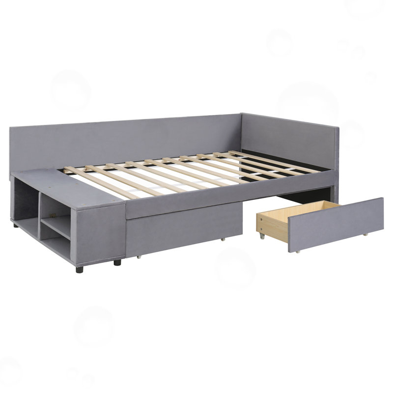 Twin size L-Shaped Upholstered Platform Bed with Storage and Drawers, Gray