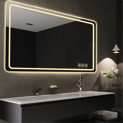Miroir de maquillage de salle de bain 60 x 28 pouces avec éclairage avant, 5 mm argent horizontal, fonction de changement de couleur, gradation continue, désembuage à une touche, fixation murale 28 x 60 pour salle de bain, brouillard, miroir,
