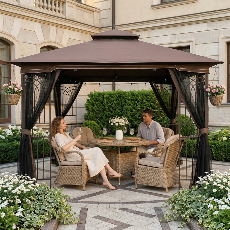 Outdoor Patio Canopy Tent Measuring 10x10 Feet, Features Ventilated Double Roof and Detachable Mosquito Netting on All Sides, Suitable for Lawns, Gardens, Backyards, and Decks, Brown Top