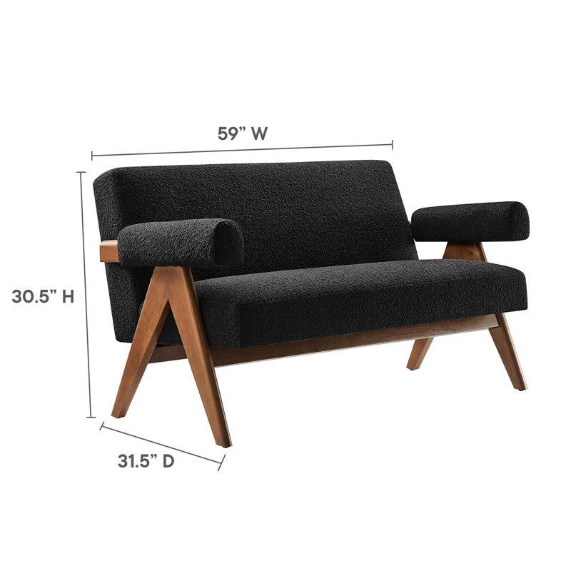Lyra Black Boucle Fabric Loveseat with Wood Legs