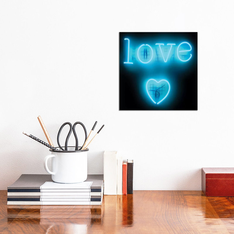 Neon Love Heart Aqua On Black by Hailey Carr - Wrapped Canvas Print, 30.48 cm H x 30.48 cm W