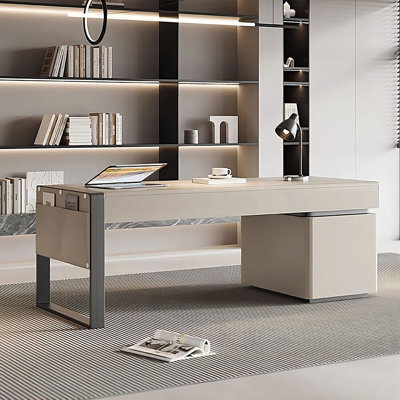 Beige-white + Black Rectangular Manufactured Wood + Carbon Steel with 5 drawers Desk