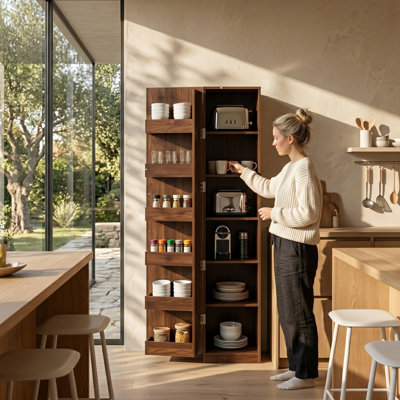 Armoire de cuisine moderne avec tablettes réglables et supports de rangement latéraux en noyer