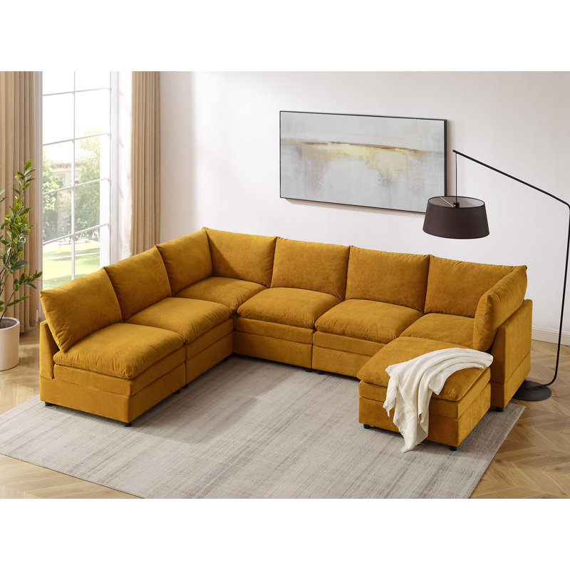  Cann 7-Piece Upholstered Modular Sectional Couch With Ottoman, Orange Polyester Blend