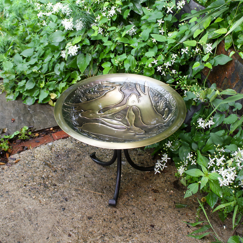 Antique Brass Three Hares Birdbath with Black Iron Stand