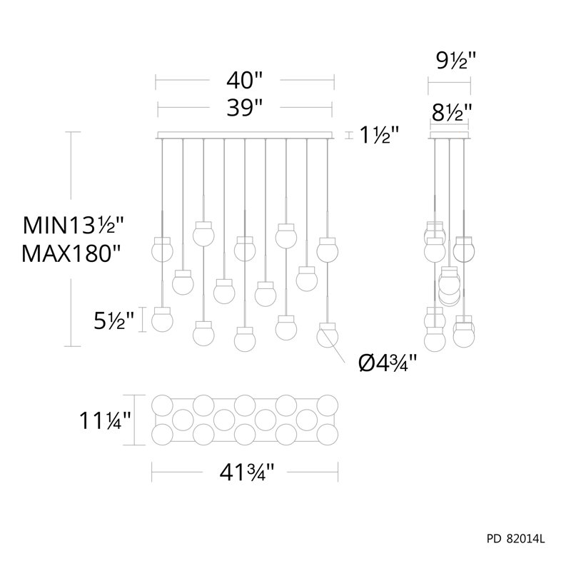 Luminaire suspendu double à DEL à double bulles, Noir, H 5,5 po x l 54 po x P 14,75 po, 40