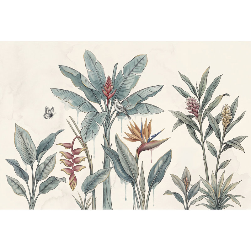 Papier peint botanique tropical avec aquarelle et feuilles de bananier, 140 po x 108 po, Peler et coller