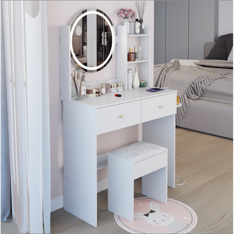 17" Round LED Mirror Vanity Table+Cushioned Stool, Equipped With 2 AC+2 USB Power Socket, Big Mirror, Touch Switch, 3 Colors, Adjustable Brightness, Large Desktop, Multi-Layer High Capacity Storage