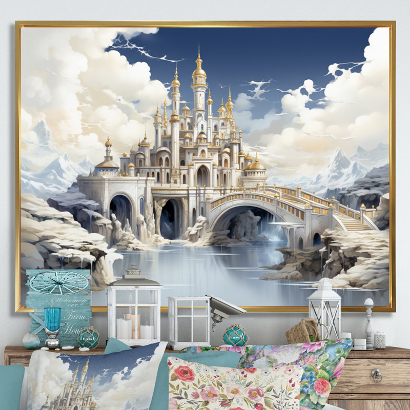 «Beige Bridge Ethereal Passage II», art mural sur toile, Cadre flottant doré, H 24 po x l 32 po x P 1 po