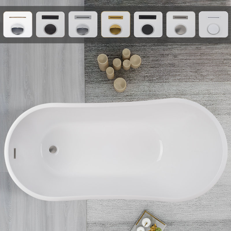 Amara Acrylic Freestanding Soaking Bathtub, White/Brushed Nickel, 28.37" H x 59" L x 28.37" W