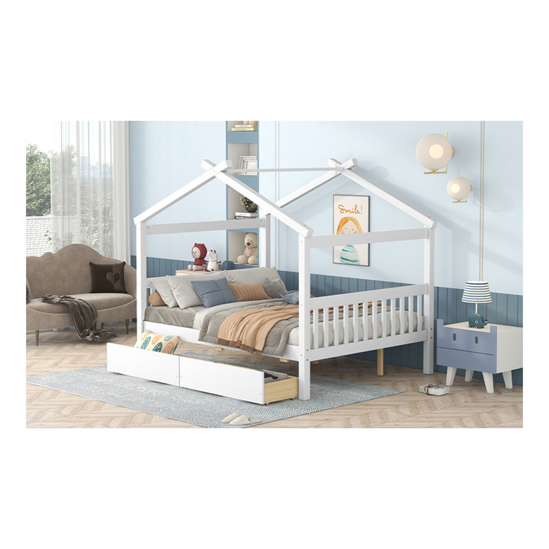 Lit double pleine grandeur en bois avec tiroirs, blanc, Lit double, Blanc