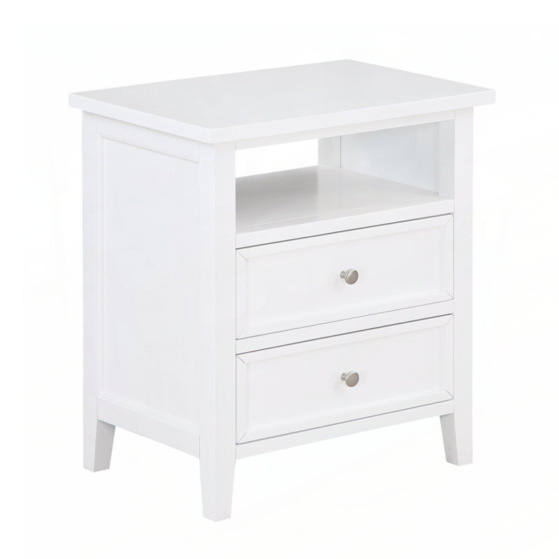 Table de chevet à 2 tiroirs avec rangement spacieux et finition élégante en nickel, parfaite pour l'organisation de la chambre à coucher.