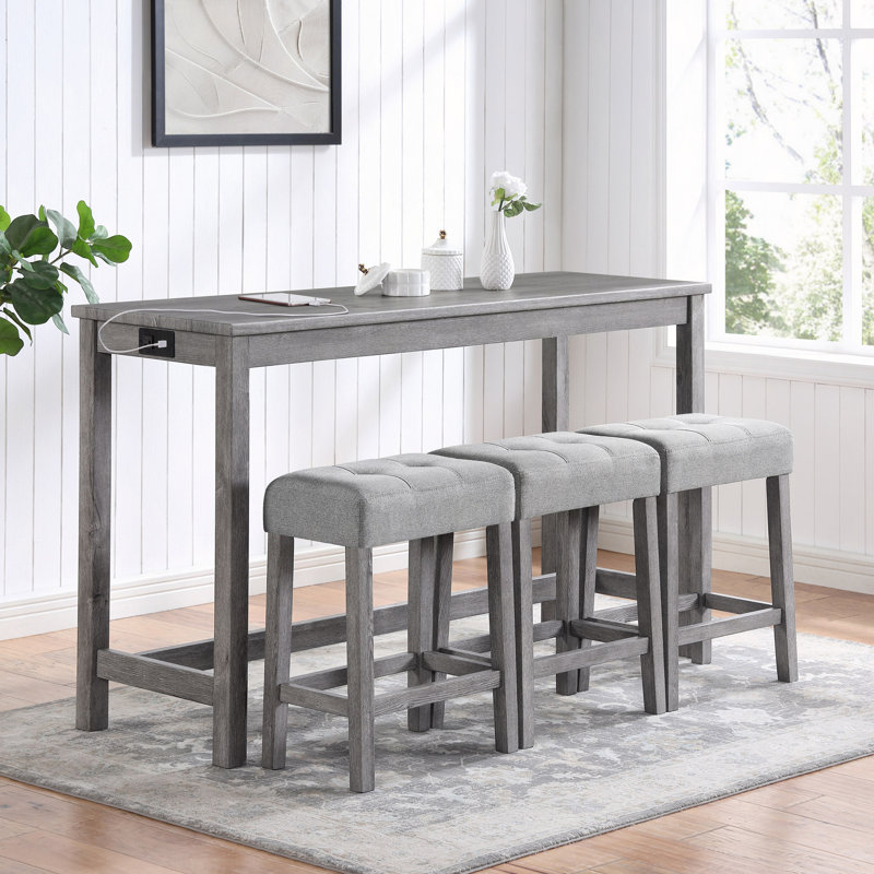 Ensemble de table de bar avec prise de courant, ensemble de table de bar et de chaises, ensemble de table de salle à manger 4 pièces, ensemble de table de petit déjeuner industriel, pour salon, salle à manger, salle de jeux