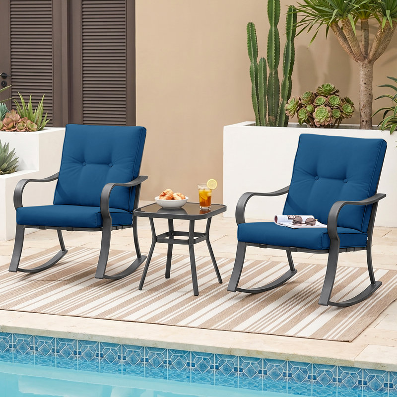 3 Piece Rocker Seating Group with Cushions, 2 - Person Outdoor Rocking Patio Chairs Set with Tempered Glass Top Coffee Table for Porch, Backyard, Balcony