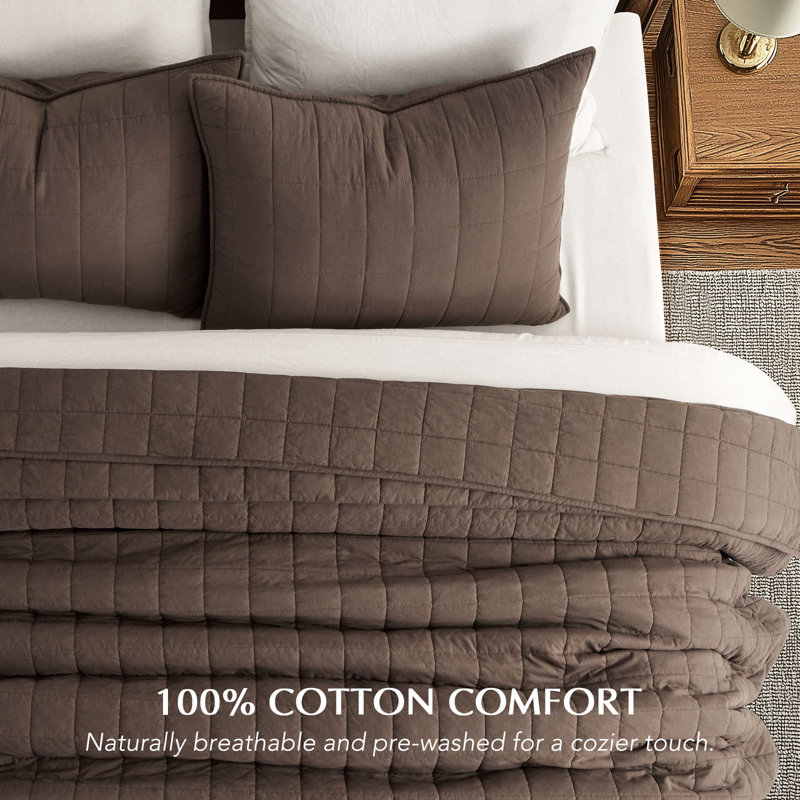 100% Cotton Box Stitch Quilt Set, King Quilt + 2 King Shams, Cocoa Brown