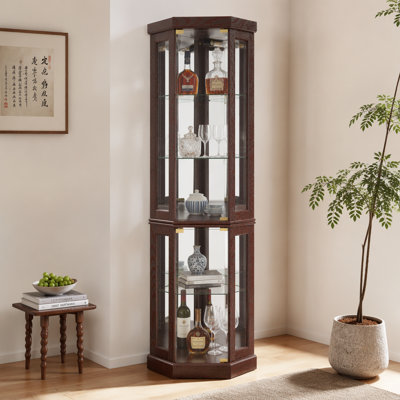 Corner Glass Cabinet Lighted Curio Cabinet Corner Display Case for Living Room, Curio Cabinet, Antique collection, Wine,Bar Glass Storage Light Includ