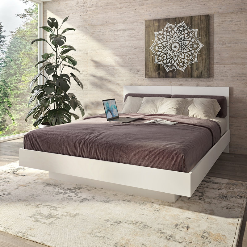 Lit plateforme Combo Zen avec tête de lit KAPPA - Assemblage facile, aucun sommier requis, Blanc