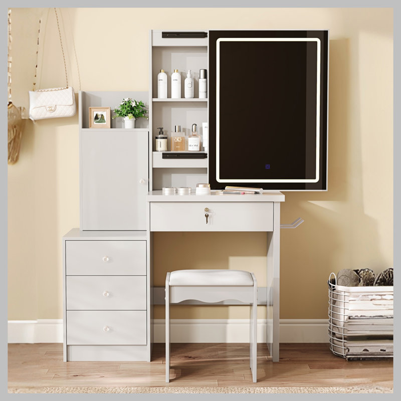 Ensemble de coiffeuse avec miroir coulissant éclairé, coiffeuse à maquillage avec 4 tiroirs et 9 espaces de rangement, compartiments cachés et tabouret rembourré, mobilier de beauté blanc pour la chambre à coucher
