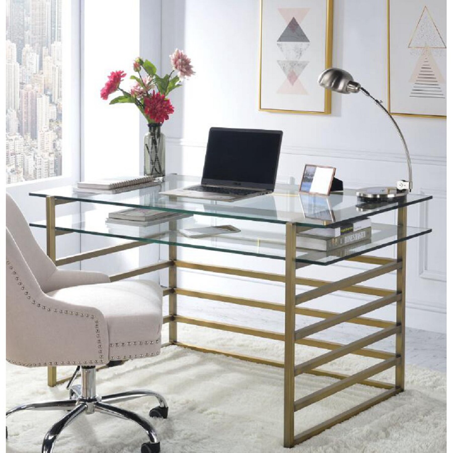 Everly Quinn Sandon Glass Top Metal Base Writing Desk | Wayfair