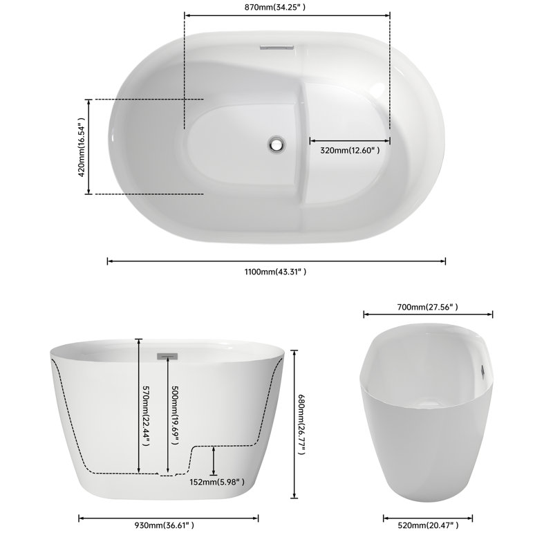 Baignoire en acrylique de 43 pouces de couleur blanche brillante, siège inclus, conception réfléchie et confortable, peu encombrant avec siège, finition blanche, ergonomique chic et luxueuse