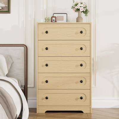 Commode 5 tiroirs pour chambre à coucher, grande commode haute de 50 po avec tiroirs profonds, commode en bois de style Mid-Century moderne pour le salon, l'entrée, le couloir, naturel