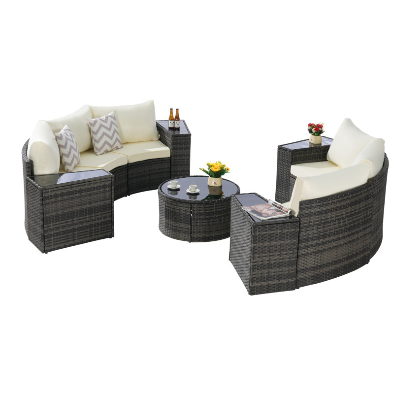 11 Half-Moon Sectional Outdoor Patio Furniture - With Tempered Glass Coffee Table, Washable Cushion Covers, For Fun Time Round Breathable Cushions, Water , Seating
