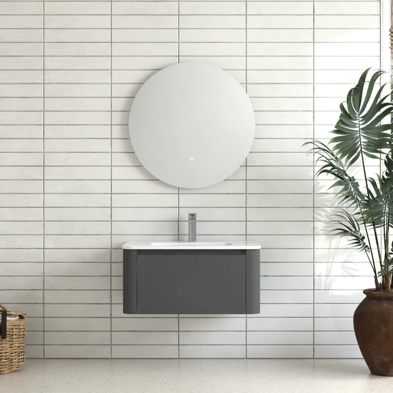 Meuble-lavabo mural gris de 30 po avec lavabo en céramique blanc sans couture, aspect flottant élégant, 45 poignées en angle, tiroir à fermeture en douceur, surface d'usure, rangement organisé, style européen intégré de 30 po