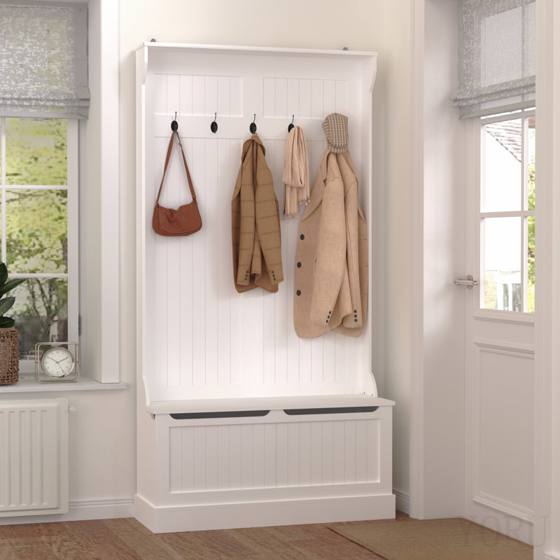 Banc d'entrée avec portemanteau, arbre d'entrée avec banc de rangement pour chaussures, rangement pour hall d'entrée avec 5 crochets, blanc