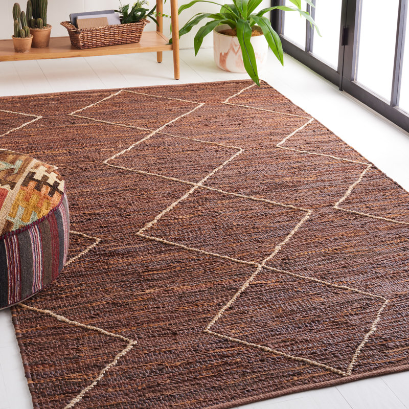 Vintage Leather Hand Woven Leather/Jute/Cotton Geometric Rug in Brown/Natural, Rectangle 8' x 10'