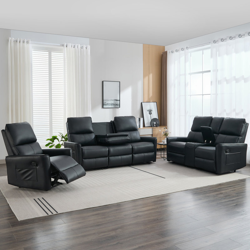 Saagar 6 Seater Faux Leather Reclining Sofa, Black