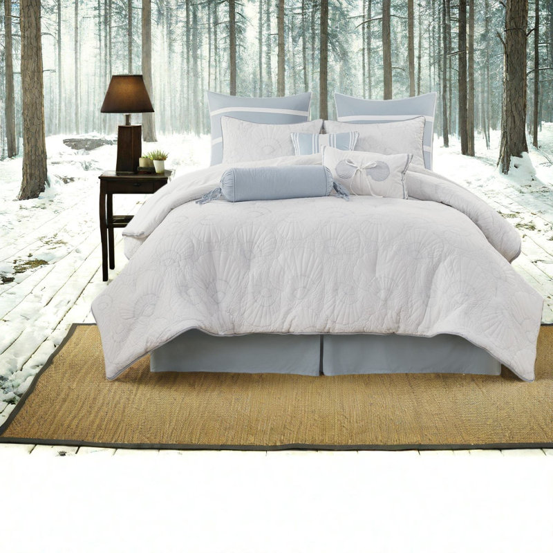 Ensemble de literie pour très grand lit Crystal Beach, ensemble d'édredon matelassé 100% coton, style coquillage bleu côtier pour la maison