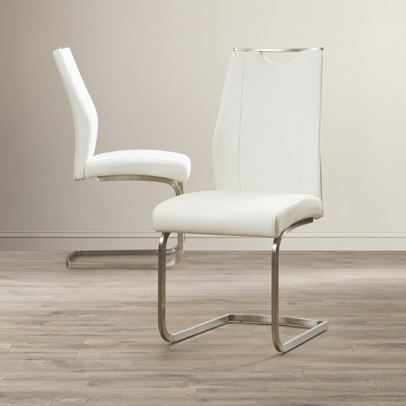 Chaises de salle à manger contemporaines Hailey en similicuir et acier inoxydable brossé, Blanc