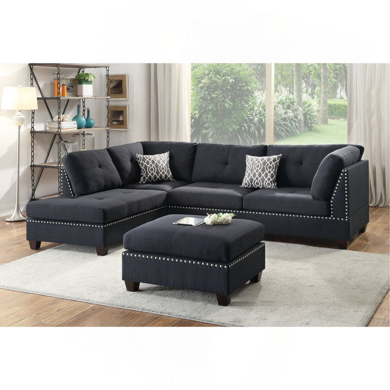 3 pièces Canapé modulaire en polyfibre noir avec méridienne réversible