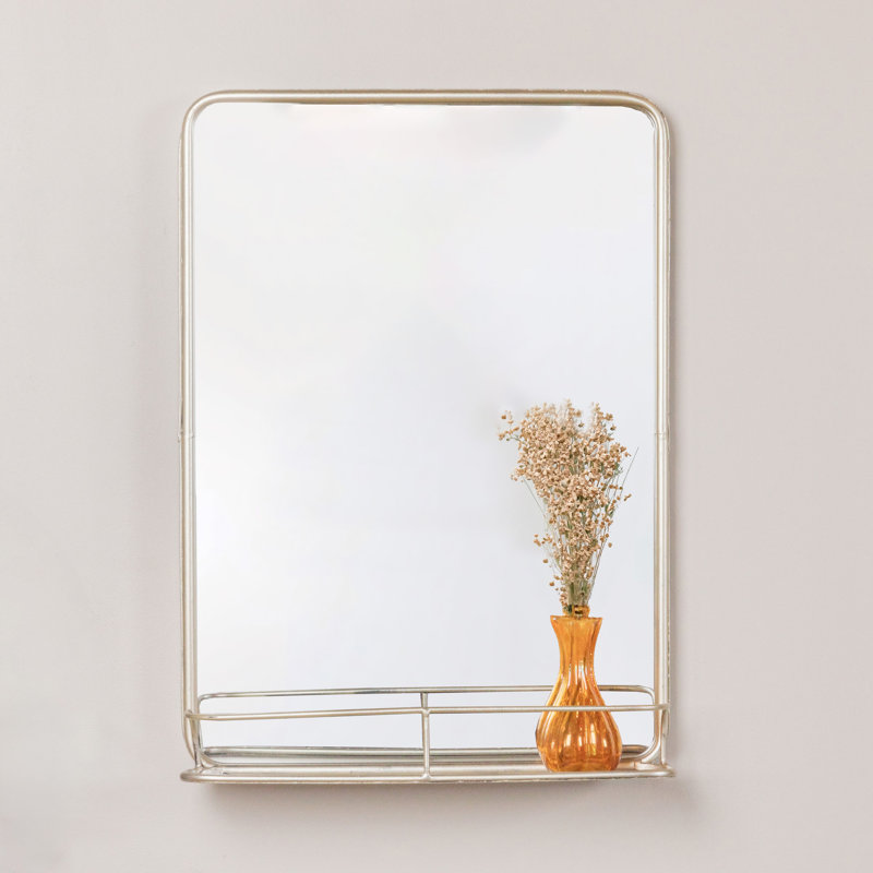 Metal Framed Wall Mirror with Shelf, Nickel